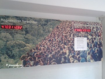 An info board showing the decreasing area of the world's forests vs the increase in human population